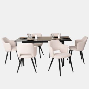 MEUBLES COSY Conjunto Jantar Mesa Extensível 120-160 cm e Conjunto de 6 Cadeiras com Apoios de Braços, Tecido Pet-Friendly, Preto e Bege Claro