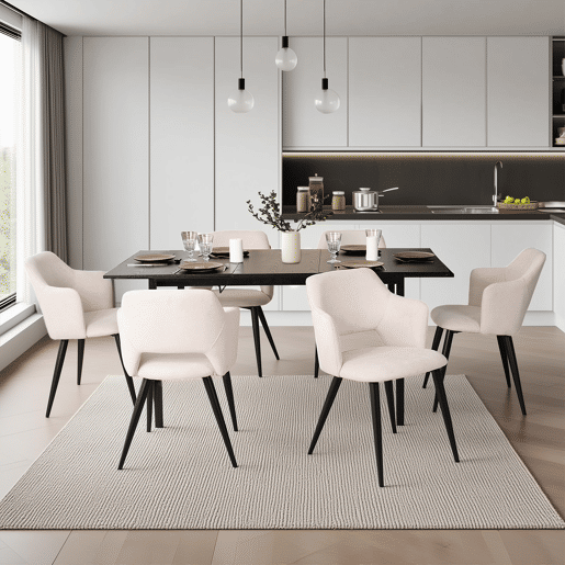 MEUBLES COSY Conjunto Jantar Mesa Extensível 120-160 cm e Conjunto de 6 Cadeiras com Apoios de Braços, Tecido Pet-Friendly, Preto e Bege Claro