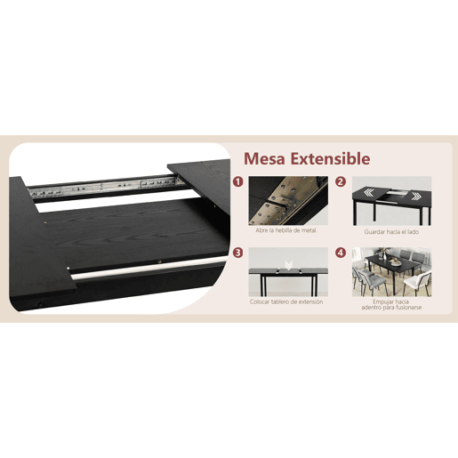 MEUBLES COSY Conjunto Jantar Mesa Extensível 120-160 cm e Conjunto de 6 Cadeiras com Apoios de Braços, Tecido Pet-Friendly, Preto e Bege Claro