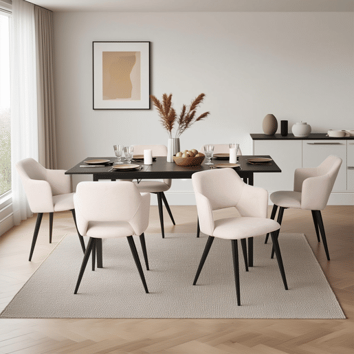 MEUBLES COSY Conjunto Jantar Mesa Extensível 120-160 cm e Conjunto de 6 Cadeiras com Apoios de Braços, Tecido Pet-Friendly, Preto e Bege Claro