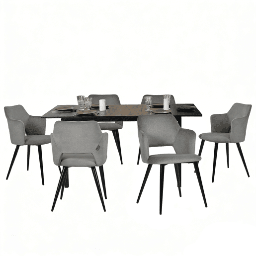 MEUBLES COSY Conjunto Jantar Mesa Extensível 120-160 cm e Conjunto de 6 Cadeiras com Apoios de Braços, Tecido Pet-Friendly, Preto e Cinzento Claro