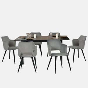 MEUBLES COSY Conjunto Jantar Mesa Extensível 120-160 cm e Conjunto de 6 Cadeiras com Apoios de Braços, Tecido Pet-Friendly, Preto e Cinzento Claro