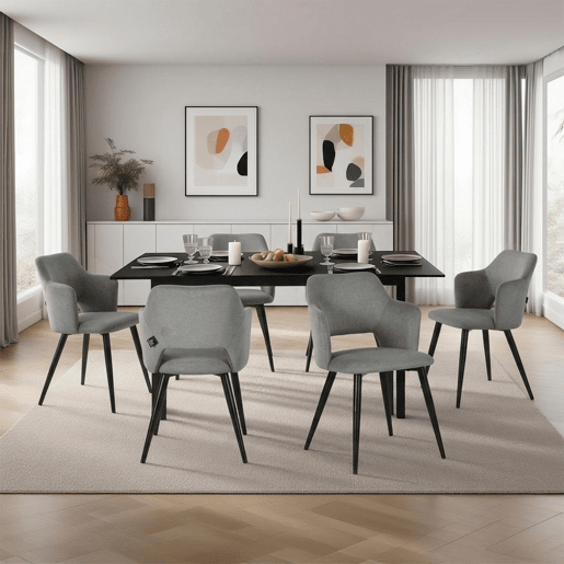 MEUBLES COSY Conjunto Jantar Mesa Extensível 120-160 cm e Conjunto de 6 Cadeiras com Apoios de Braços, Tecido Pet-Friendly, Preto e Cinzento Claro