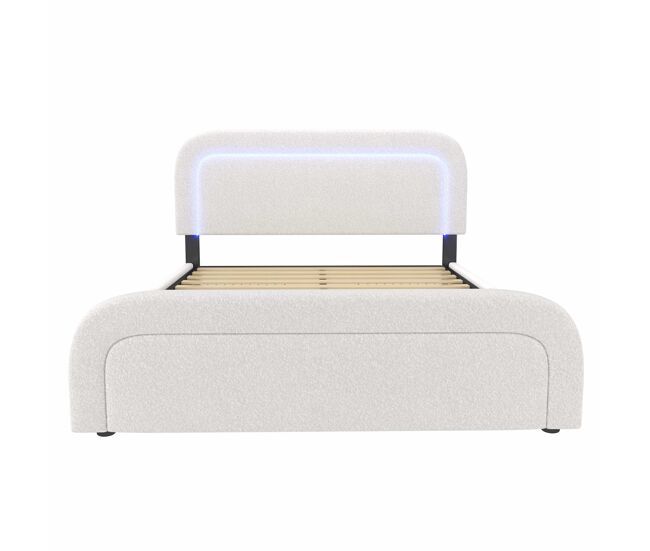 Cama doble tapizada 160x200 cm - con led, 4 cajones, cabecero ajustable y puerto usb tipo c - blanco