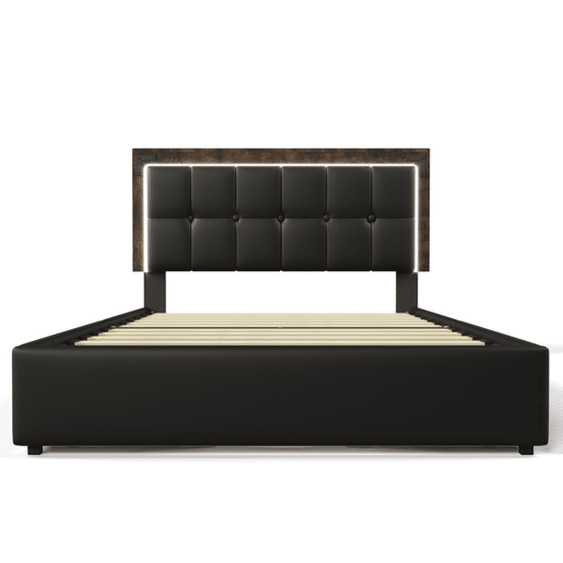 Cama estofada 160x200 cm - Com LED, 4 gavetas, cabeceira ajustável - PU preto