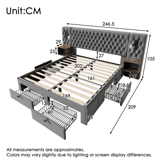 Conjunto completo para quarto 160x200 cm - Cama estofada com 2 mesas de cabeceira, 4 gavetas, luz LED com porta USB - Cinza