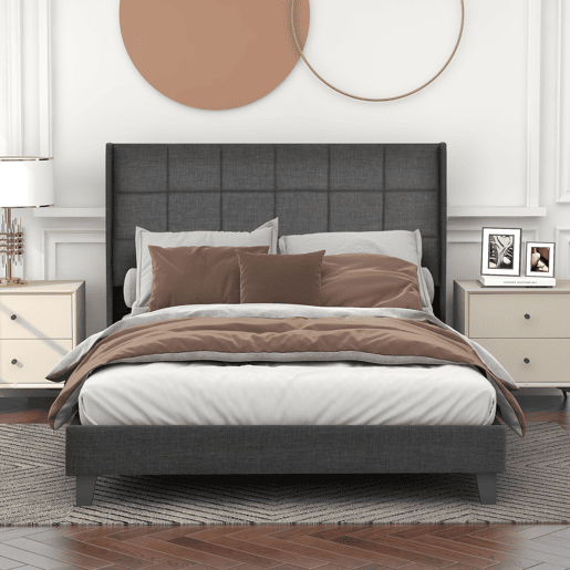 Cama Polsterbett 140x200cm - Com cabeceira acolchoada, com estrado - Cinza linho