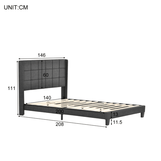 Cama Polsterbett 140x200cm - Com cabeceira acolchoada, com estrado - Cinza linho