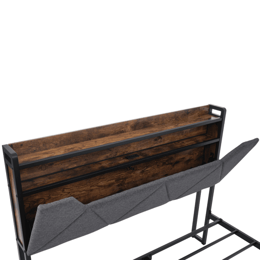 Cama de casal 140x200cm - Cabeceira com arrumação, função de carregamento USB Tipo C, iluminação LED e 4 gavetas - Cinza