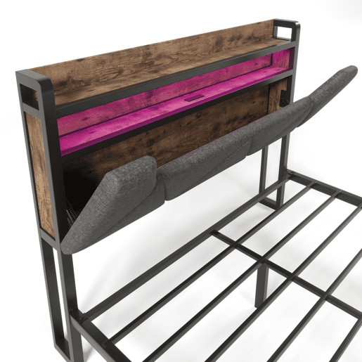 Cama de casal 140x200cm - Cabeceira com arrumação, função de carregamento USB Tipo C, iluminação LED e 4 gavetas - Cinza