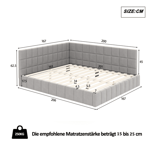 Sofá-cama 160*200 - Multifuncional com estrado de ripas - Veludo cinzento