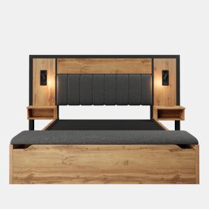 Cama de casal 180x200 - Cama estofada com candeeiro de leitura, mesa de cabeceira com USB C e banco com arrumação - Carvalho