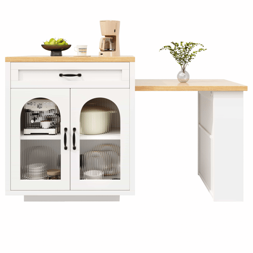 Ilha de cozinha extensível - Sem dimensões especificadas - com iluminação LED, 2 gavetas, prateleiras ajustáveis, portas de vidro estriado, bancada em MDF, design moderno - Branco