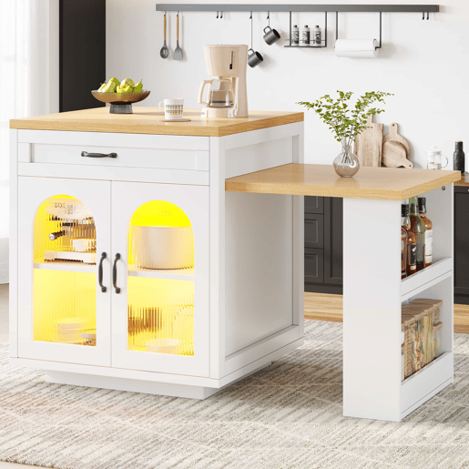 Ilha de cozinha extensível - Sem dimensões especificadas - com iluminação LED, 2 gavetas, prateleiras ajustáveis, portas de vidro estriado, bancada em MDF, design moderno - Branco