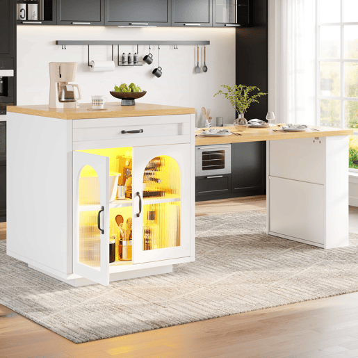 Ilha de cozinha extensível - Sem dimensões especificadas - com iluminação LED, 2 gavetas, prateleiras ajustáveis, portas de vidro estriado, bancada em MDF, design moderno - Branco