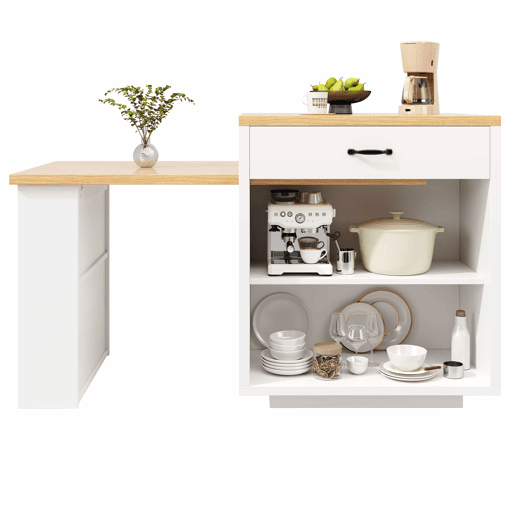 Ilha de cozinha extensível - Sem dimensões especificadas - com iluminação LED, 2 gavetas, prateleiras ajustáveis, portas de vidro estriado, bancada em MDF, design moderno - Branco