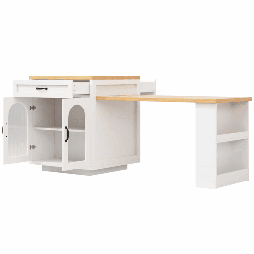 Ilha de cozinha extensível - Sem dimensões especificadas - com iluminação LED, 2 gavetas, prateleiras ajustáveis, portas de vidro estriado, bancada em MDF, design moderno - Branco