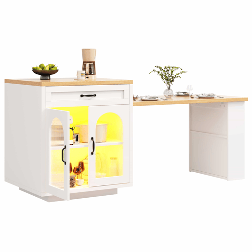 Ilha de cozinha extensível - Sem dimensões especificadas - com iluminação LED, 2 gavetas, prateleiras ajustáveis, portas de vidro estriado, bancada em MDF, design moderno - Branco