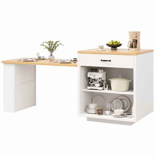 Ilha de cozinha extensível - Sem dimensões especificadas - com iluminação LED, 2 gavetas, prateleiras ajustáveis, portas de vidro estriado, bancada em MDF, design moderno - Branco