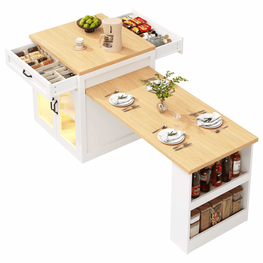 Ilha de cozinha extensível - Sem dimensões especificadas - com iluminação LED, 2 gavetas, prateleiras ajustáveis, portas de vidro estriado, bancada em MDF, design moderno - Branco
