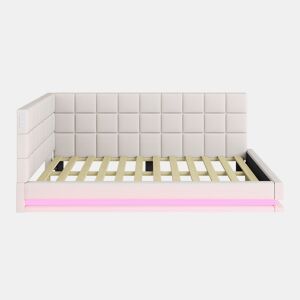 Sofá-cama de linho 160x200 - multifuncional com luzes LED, porta USB e estrado - Bege