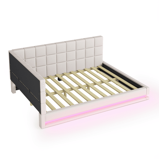 Sofá-cama de linho 160x200 - multifuncional com luzes LED, porta USB e estrado - Bege