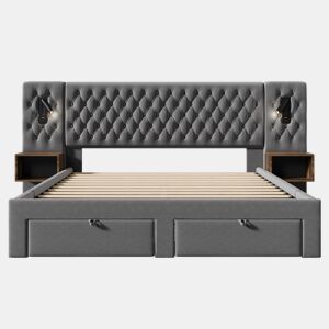 Conjunto de cama 160x200 cm - Cabeceira com luz de leitura e carregamento USB, 2 mesas de cabeceira e 4 gavetas - Cinza veludo
