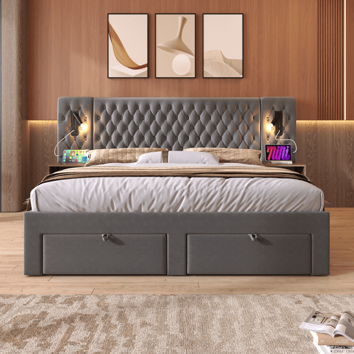 Conjunto de cama 160x200 cm - Cabeceira com luz de leitura e carregamento USB, 2 mesas de cabeceira e 4 gavetas - Cinza veludo