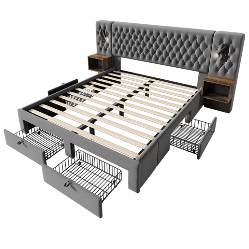 Conjunto de cama 160x200 cm - Cabeceira com luz de leitura e carregamento USB, 2 mesas de cabeceira e 4 gavetas - Cinza veludo