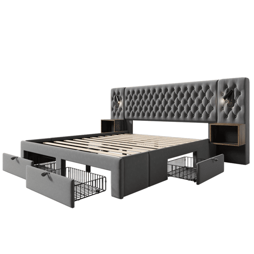 Conjunto de cama 160x200 cm - Cabeceira com luz de leitura e carregamento USB, 2 mesas de cabeceira e 4 gavetas - Cinza veludo