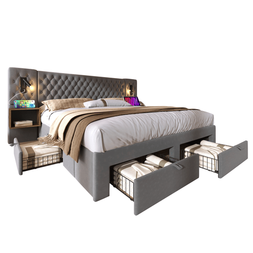Conjunto de cama 160x200 cm - Cabeceira com luz de leitura e carregamento USB, 2 mesas de cabeceira e 4 gavetas - Cinza veludo