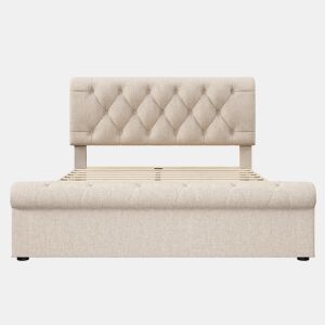 Cama estofada 140x200 cm - Estrutura com 4 gavetas e cabeceira ajustável - Natural
