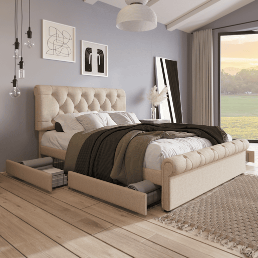 Cama estofada 140x200 cm - Estrutura com 4 gavetas e cabeceira ajustável - Natural