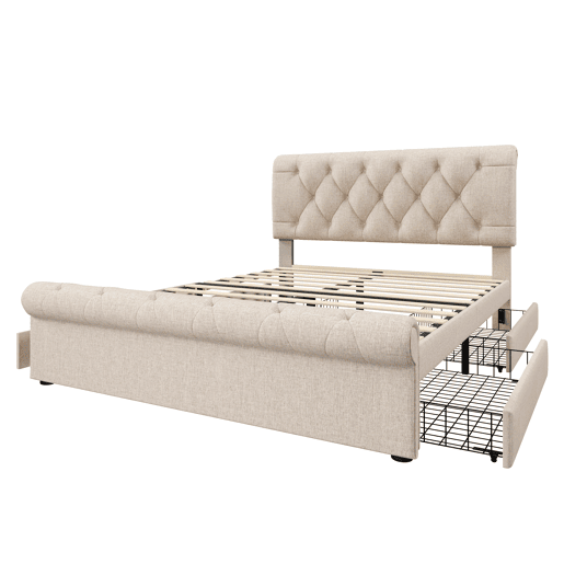 Cama estofada 140x200 cm - Estrutura com 4 gavetas e cabeceira ajustável - Natural