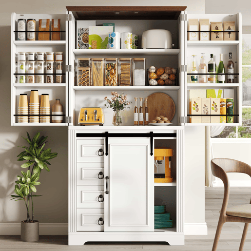 Armário alto de cozinha - sistema anti-tombamento, prateleira lateral para snacks, fecho suave Soft-Close, 4 gavetas, prateleiras ajustáveis, puxador com design exclusivo - branco