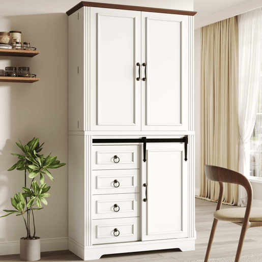 Armário alto de cozinha - sistema anti-tombamento, prateleira lateral para snacks, fecho suave Soft-Close, 4 gavetas, prateleiras ajustáveis, puxador com design exclusivo - branco