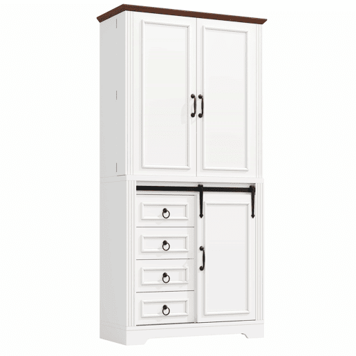 Armário alto de cozinha - sistema anti-tombamento, prateleira lateral para snacks, fecho suave Soft-Close, 4 gavetas, prateleiras ajustáveis, puxador com design exclusivo - branco