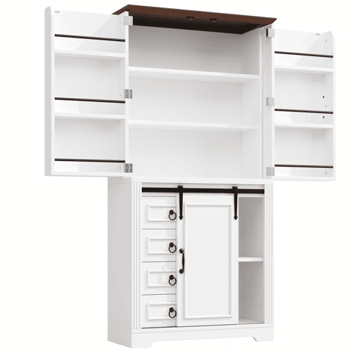 Armário alto de cozinha - sistema anti-tombamento, prateleira lateral para snacks, fecho suave Soft-Close, 4 gavetas, prateleiras ajustáveis, puxador com design exclusivo - branco