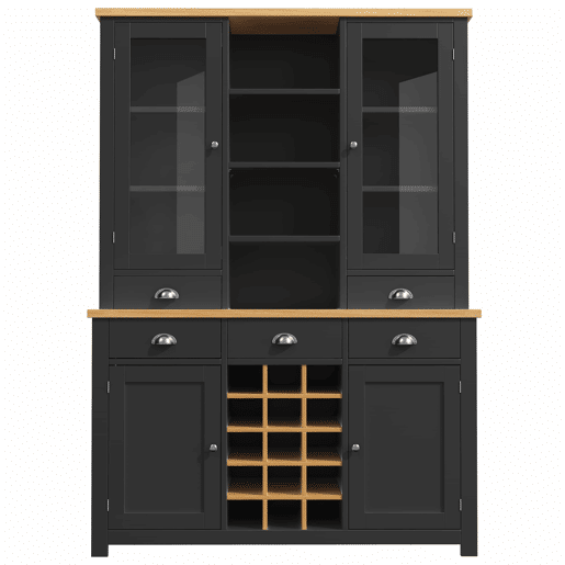 Armário alto multifuncional para casa, sem dimensões específicas - sistema anti-tombamento, porta de vidro, puxadores metálicos, função de fecho suave, prateleira para garrafas extraível - Preto