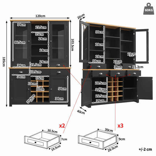 Armário alto multifuncional para casa, sem dimensões específicas - sistema anti-tombamento, porta de vidro, puxadores metálicos, função de fecho suave, prateleira para garrafas extraível - Preto