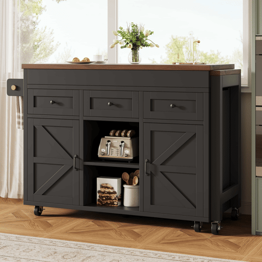 Ilha de cozinha multifuncional com mesa extensível e balcão (131,5-210 cm) u2013 giratória a 360°, com gavetas e armários, bancada versátil u2013 preto