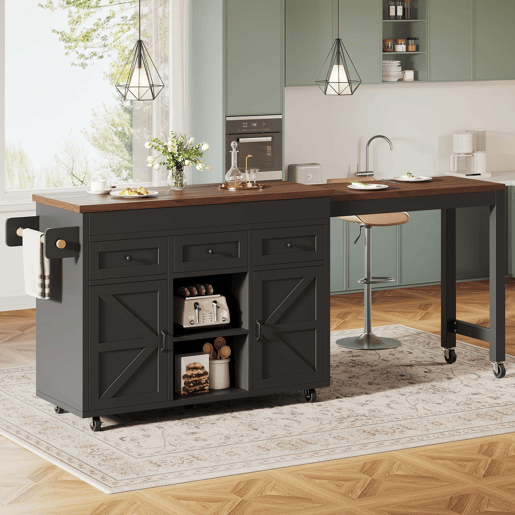 Ilha de cozinha multifuncional com mesa extensível e balcão (131,5-210 cm) u2013 giratória a 360°, com gavetas e armários, bancada versátil u2013 preto
