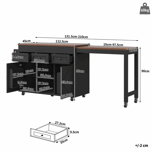 Ilha de cozinha multifuncional com mesa extensível e balcão (131,5-210 cm) u2013 giratória a 360°, com gavetas e armários, bancada versátil u2013 preto