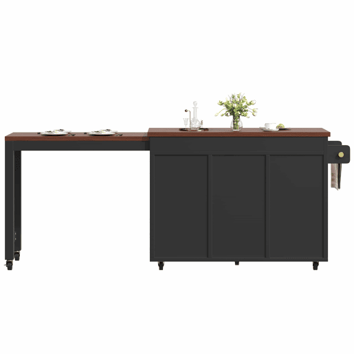 Ilha de cozinha multifuncional com mesa extensível e balcão (131,5-210 cm) u2013 giratória a 360°, com gavetas e armários, bancada versátil u2013 preto