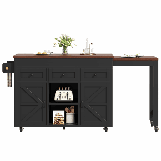 Ilha de cozinha multifuncional com mesa extensível e balcão (131,5-210 cm) u2013 giratória a 360°, com gavetas e armários, bancada versátil u2013 preto