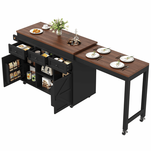 Ilha de cozinha multifuncional com mesa extensível e balcão (131,5-210 cm) u2013 giratória a 360°, com gavetas e armários, bancada versátil u2013 preto