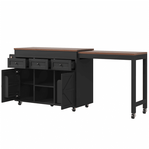 Ilha de cozinha multifuncional com mesa extensível e balcão (131,5-210 cm) u2013 giratória a 360°, com gavetas e armários, bancada versátil u2013 preto