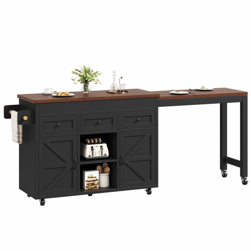 Ilha de cozinha multifuncional com mesa extensível e balcão (131,5-210 cm) u2013 giratória a 360°, com gavetas e armários, bancada versátil u2013 preto