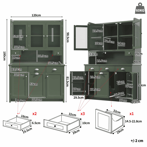 Armário de cozinha 180 x 120 cm - iluminação LED controlada por aplicação, 3 portas de vidro, amplo espaço de arrumação - verde