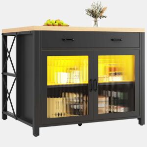 Ilha de cozinha com balcão - LED, mesa alta de bar, bancada com textura de madeira, mesa de café multifuncional, pés ajustáveis - Preto